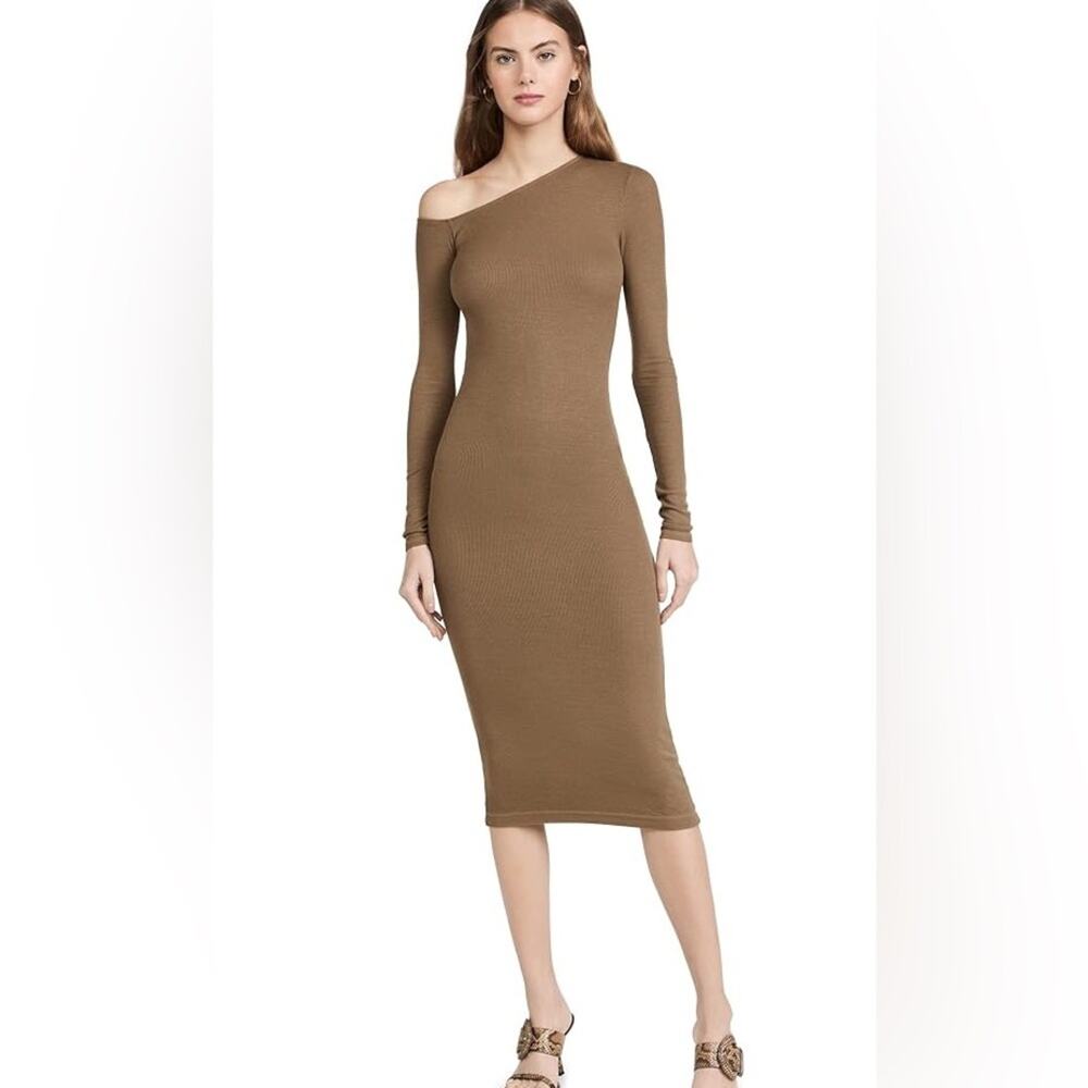 ENZA COSTA Brown Ribbed Knit Dress Silk Blend with Asymetrical Neckline Sz Large